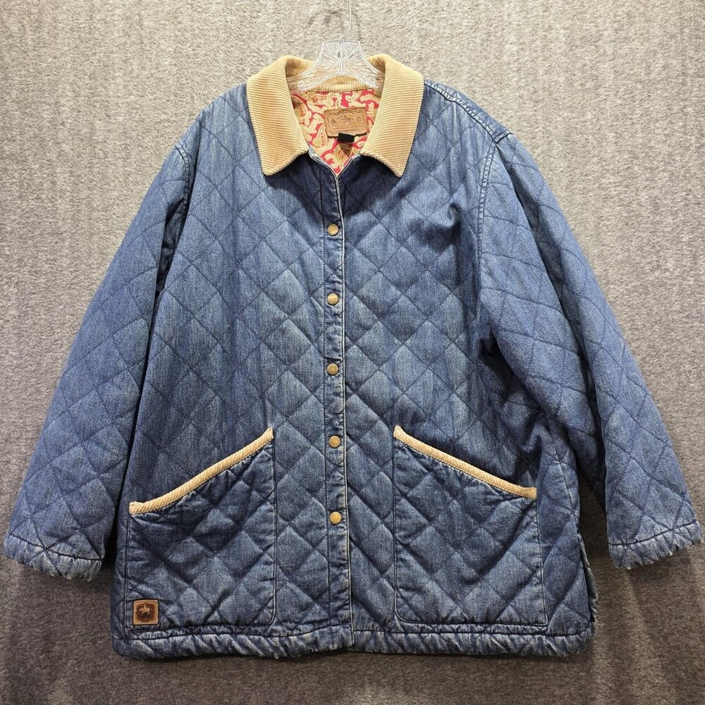 Vintage Ralph Lauren Jacket Womens 2X Blue Quilted Denim Corduroy Collar 90s